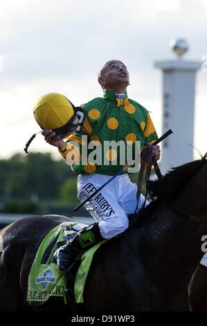 Elmont, New York, USA. 8 juin, 2013. Mike Smith Jockey célèbre après avoir remporté le 145e exécution du Plan Belmont de jeu sur Palace de malice, à Belmont Park à Elmont, New York le 8 juin 2013. (Crédit Image : Crédit : Tj Root/Eclipse/ZUMAPRESS.com/Alamy Live News) Banque D'Images