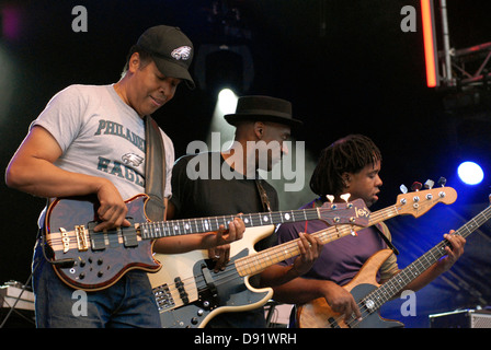 Le symbole - Stanley-Clarke-Wooten - American Electric Bass super groupe sur scène lors du Festival de jazz de Stockholm Banque D'Images