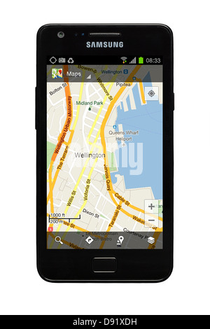 Samsung Galaxy S2 smartphone avec google map de Wellington en Nouvelle-Zélande sur l'affichage. Banque D'Images