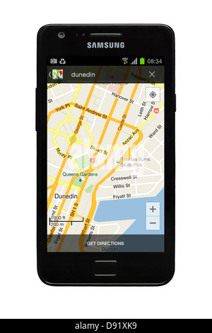 Samsung Galaxy S2 smartphone avec google map de Dunedin, Nouvelle-Zélande sur l'affichage. Banque D'Images