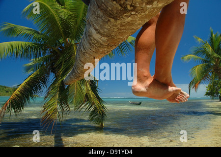 Les jambes d'assis sur chaise palmier dans un paradis tropical. L'île aux Nattes (OTAN), Madagascar Nosy Be Banque D'Images