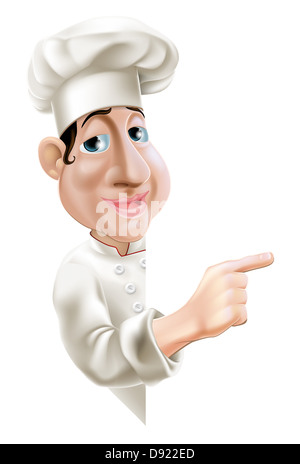 Un chef de bande dessinée en travers en pointant un signe ou une bannière Banque D'Images