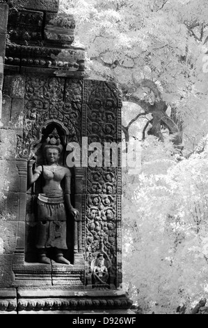 Bas-reliefs ornés d'Apsara sur le mur extérieur de Vat Phu Champassak, le sud du Laos, Banque D'Images