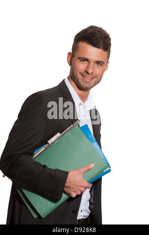 Handsome businessman avec des dossiers de fichiers portant des chaumes Banque D'Images