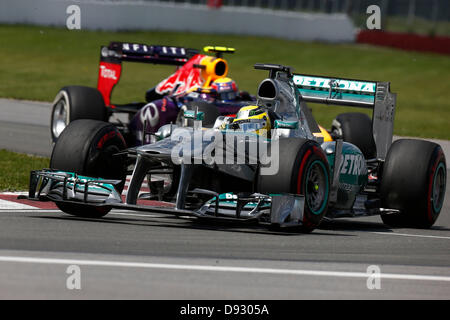 Montréal, Canada. 9 juin 2013. Sport Automobile : Championnat du Monde de Formule 1 de la FIA 2013, Grand Prix du Canada, # 9 Nico Rosberg (GER, Mercedes AMG Petronas F1 Team), # 2 Mark Webber (AUS, Infiniti Red Bull Racing), Crédit photo : dpa alliance/Alamy Live News Banque D'Images