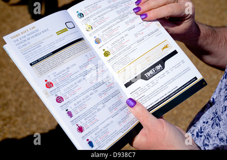 Une dame l'étude de l'racecard de une réunion de courses de chevaux à Fakenham à Norfolk. Banque D'Images