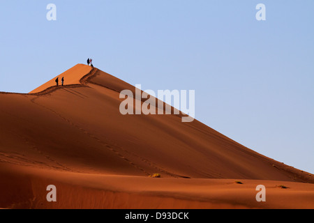 Les touristes à côté des dunes de sable d'escalade Deadvlei, près de Sossusvlei, Namib-Naukluft National Park, Namibie, Afrique Banque D'Images