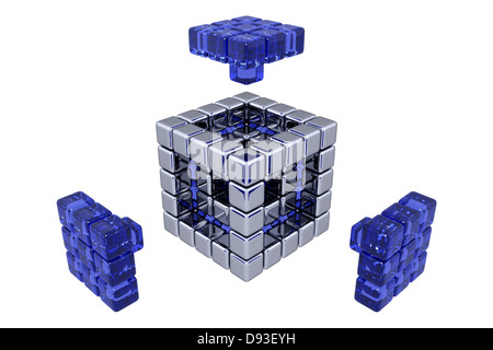 Cubes 3D - Assemblage de pièces de verre bleu - (3D, fond blanc) Banque D'Images