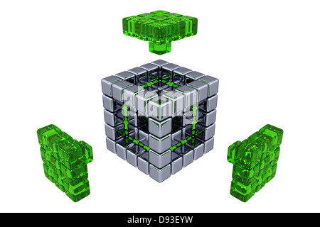 Cubes 3D - Assemblage de pièces - verre vert (3D, fond blanc) Banque D'Images