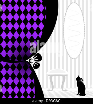 Résumé chambre blanche avec une silhouette de chat noir et violet drape Banque D'Images