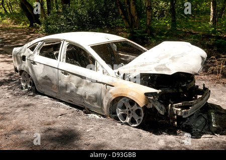 Voiture brûlée à woodland park, Norfolk, Angleterre Banque D'Images