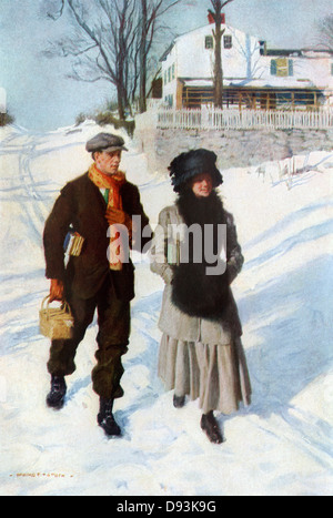 Boy walking une fille à l'école sur un matin d'hiver, au début des années 1900. Demi-teinte de couleur d'une illustration par Howard E. Smith Banque D'Images