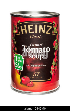 Crème de soupe de tomate Heinz isolé sur blanc, l'avant à l'arrière. Banque D'Images