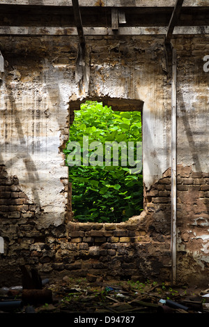 Fenêtre abandonnés d'une ancienne usine obsolète, mur de brique. Banque D'Images