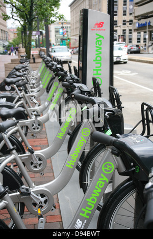 Une station de location de vélos publics Hubway à Boston . Banque D'Images