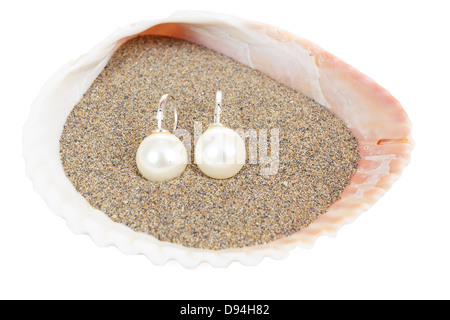 Deux Pearl Earrings et coquillages isolated on white Banque D'Images