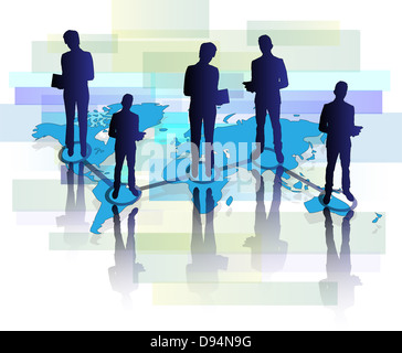 Illustration de plusieurs hommes et femmes d'affaires avec tablette sur carte du monde Banque D'Images