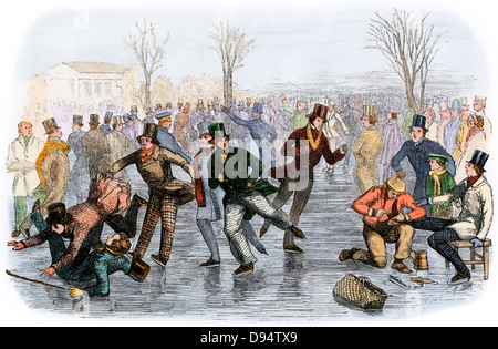 Une scène de patinage à Boston, Massachusetts, 1850. À la main, gravure sur bois Banque D'Images