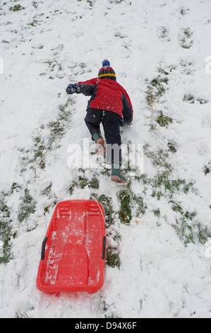 Un jeune garçon grimpe une colline couverte de neige avec son traîneau Banque D'Images