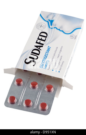 Boîte de 12 comprimés décongestionnant Sudafed contenant de la pseudoéphédrine hydrochloride Banque D'Images