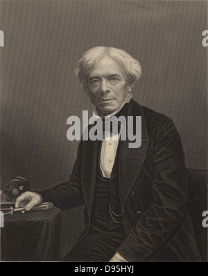 Michael Faraday (1791-1867) chimiste et physicien anglais. En 1813, devient assistant de laboratoire à Humphry Davy à la Royal Institution de Londres. En 1833, il succède à Davy comme professeur de chimie à la RI. La gravure. Banque D'Images