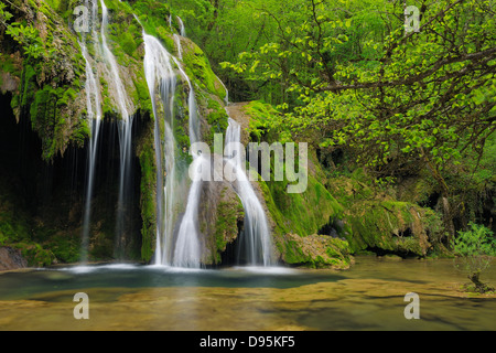 En cascade cascade plus de mousse verte, Cascade des tufs, Arbois, Jura, Jura, Franche-Comte, France Banque D'Images