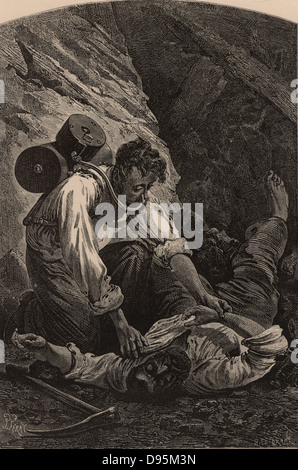 Sauvetage d'un mineur après un pit-catastrophe. Le sauveteur est à l'aide de respiration du Royquayrol. À partir de la 'vie souterraine ; ou, des Mines et des mineurs" par Louis Simonin (Londres, 1869). La gravure sur bois. Banque D'Images