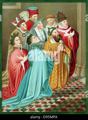 Ferdinand I d'Aragon et la reine, avec Sigismond (1368-1437) Le Saint Empereur romain à partir de 1433 et le Pape Martin V (1368-1431) au moment de concile de Constance 1417. Chromolithographie après 'Carderera Iconografia Espanola' Banque D'Images