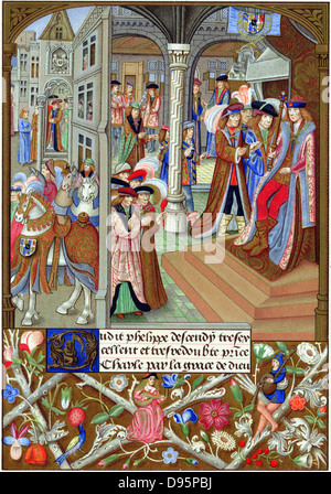 Charles le Téméraire (1433-77) Duc de Bourgogne à partir de 1467, un trône et entouré de ses nobles et conseillers. En frontière illuminé, une femme joue un luth et un homme de la cornemuse. Chromolithographie d'une miniature du 15e siècle. Banque D'Images