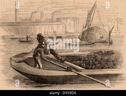 Transports sur la Tamise, Londres, Angleterre. Thames aconiers avec un chargement de charbon, de premier plan, avec un wherry, un bateau à voile, chargé avec du foin dans l'arrière-plan. À partir de 'London et le London du travail des pauvres par Henry Mayhew (Londres, 1866). Banque D'Images