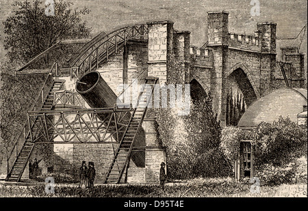 Lord Rosse est grand 72 pouces (1.828m) Diamètre télescope de 1845, appelé le Léviathan de Parsonstown. Monté entre deux murs de briques, il peut se déplacer seulement dans une direction nord-sud. La rotation de la terre fournie mouvement dans une direction est-ouest. Gravure tirée de 'Astronomie Populaire de Camille Flammarion (Paris, 1881). William Parsons, troisième comte de Rosse (1800-1867). Banque D'Images