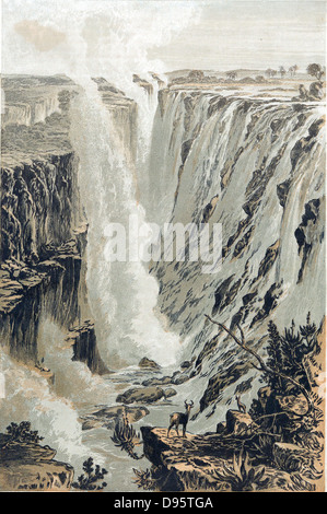 David Livingstone (1813-73), missionnaire et explorateur écossais. Au cours de voyages d'Afrique a exploré le Zambèze et 'découvert' Victoria Falls, ici illustrée de l'Est. Gravure sur bois imprimée en couleur 1866 Banque D'Images