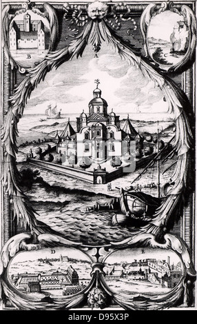 L'observatoire Uraniborg Tycho, sur l'île de Hven, Danemark, centre. En bas à gauche est l'empereur Ferdinand I's villa à Prague en whereTycho a fait des observations au cours de 1600 et 1601. Tycho Brahe (Tyge Ottesen Brahe - 1546-1601) Danois, astronome, astrologue et alchimiste qui construit des instruments astronomiques qui lui a permis de faire des observations les plus précises de son temps. Gravure tirée de 'Historia Coelestis' par Tycho Brahé, 1666. Banque D'Images