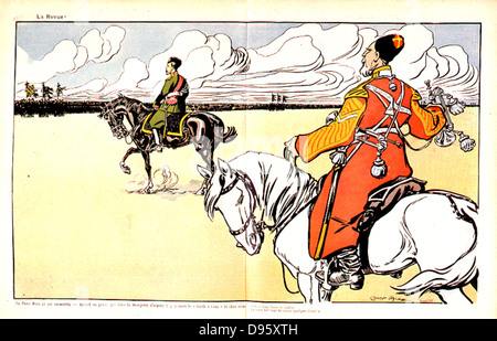 Nicolas II (1868-1919), Tsar de Russie de 1894, l'examen de ses cosaques à Loubet. Caricature de Caran d'Ache de 'rire', 2 juin 1902. Banque D'Images