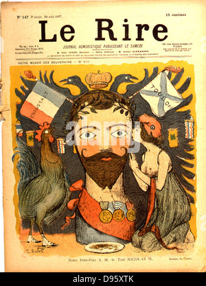 La politique étrangère russe : la France, sous le couvert de son Chanticleer et Madeleine, mascottes faisant des avances à Nicolas II (1868-1919), Tsar de Russie de 1894. Caricature de rire 'led', Paris, le 28 août 1897. Banque D'Images