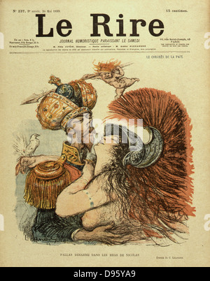 Nicolas II (1868-1919), Tsar de Russie de 1894. embrasser Pallas-Athene (Minerva) l'anceint déesse de la sagesse. Caricature de 'rire', Paris, 20 mai 1899. Banque D'Images