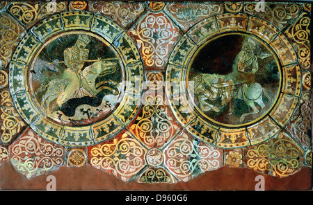 Richard I Coeur de Lion, ou Lion (1157-1199), gauche, roi d'Angleterre à partir de 1189, et Saladin, Sal al-Din al-Ayyubu, (1137-1193) au combat pendant la campagne de 1191, la Troisième Croisade. Carreaux 1995937, 1250-1260, Chertsey Abbey, Surrey. Banque D'Images