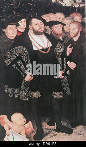 Martin Luther (1483-1546), réformateur protestant allemand, gauche, avec John Oecolampadius, John Frederick le Magnanime, Électeur de Saxe, Ernestine (l'un des protecteurs de Luther, Zwingli et Huldriech) Philip Melancthon. Après photo par Luther Cranch c1530. Banque D'Images