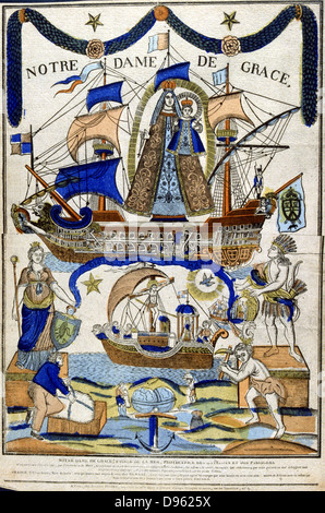 Vierge Marie comme Madonna en gloire (Notre Dame de Grace ) en tant que protecteur des marins et des voyageurs Dover de l'Esprit Saint en vol au dessus du navire dans la moitié inférieure de couleur français du xixe siècle.gravure sur bois. Banque D'Images