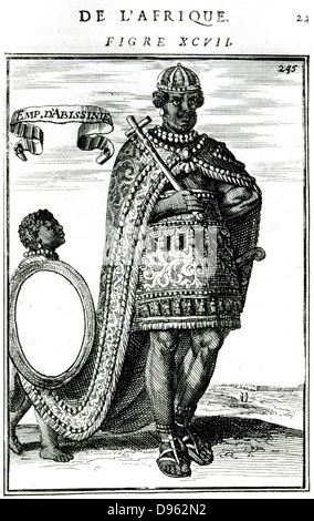 Empereur d'Abyssinie (Éthiopie), portant une croix. Gravure sur bois du 17ème siècle. Banque D'Images