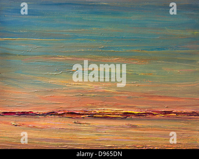 Une peinture à l'huile sur toile d'un paysage coloré de soleil expressif sur la rivière. Ciel bleu avec rose, rouge, orange et jaune. Banque D'Images