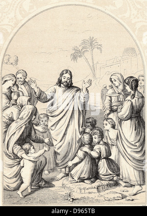 Le Christ bénissant les enfants. La gravure sur bois c1880 Banque D'Images