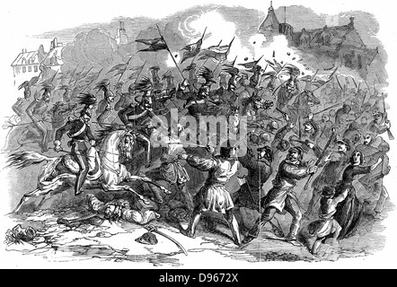 Révolution dans la Prusse, mars 1848. La foule de charge des troupes à Berlin. La gravure sur bois, 1848. Banque D'Images
