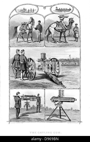 Mitrailleuse Gatling Gun Rapid Fire (1861-1862) : différents modèles. À partir de 'La science' New York, 1862. Gravure Banque D'Images