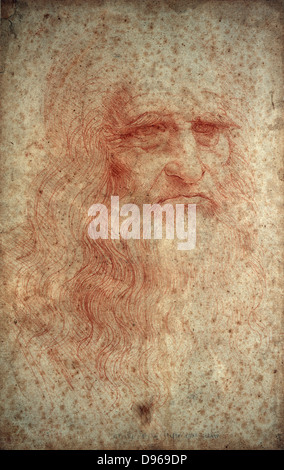 Leonardo da Vinci (1452-1519) peintre italien, sculpteur, ingénieur, architecte. Self Portrait. Craie rouge sur papier. Biblioteka Real, Turin, Italie. Banque D'Images