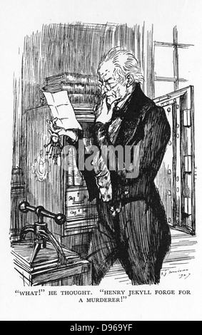 Robert Louis Stevenson "L'étrange cas du Dr Jekyll et Mr Hyde' d'abord publié 1886. M. Utterson, lecture de la lettre de Jekyll Hyde, se rendant compte que l'écriture des deux est le même. Illustration par Edmund J. Sullivan à partir d'une édition publiée en 1928. Banque D'Images