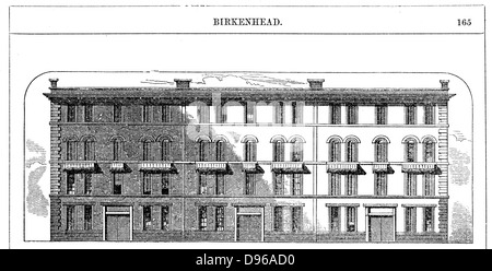 Logements à loyer workmen's construit par Birkenhead Dock Co. c1844 : Architecte CE Lang. Bloc d'Élévation montrant de 3 maisons '" de 4 étages, chacune divisée en 2 logements de 2 chambres, salon, salle d'eau/buanderie. La gravure sur bois c1860 Banque D'Images