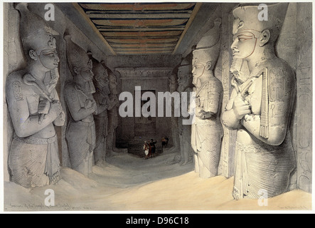 Calcaire géant statues de Ramsès Ramsès II (1304-1237 avant J.-C.) - La holding crook et le fléau, symboles de la royauté, Temple de Ramsès, Abu Simbel (Simbul). Sur chaque cartouche a gauche de la statue de Ramsès sculptés sur l'épaule. À partir de l'aquarelle par l'artiste Écossais David Roberts (1796-1864) en date du 9 novembre 1936. Banque D'Images