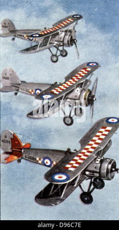 Air Raid Précautions' : Jeu de 50 cartes émises par DEO et le H0 Wills, la Grande-Bretagne en 1938, en prévision de l'arrivée de la Seconde Guerre mondiale. Gauntlet Gloucester Interceptor Fighters. Banque D'Images