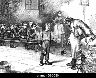 Oliver Twist provoquant une sensation dans la salle commune des enfants de la workhouse en demandant une deuxième portion de porridge. Dans l'arrière-plan ses compagnons affamés polir leurs bols et cuillères dans leur faim. Illustration par J Mahoney (actif 1856-1876) pour l'édition des ménages de Charles Dickens 'Les Aventures d'Oliver Twist', Londres, 1871. La gravure. Banque D'Images